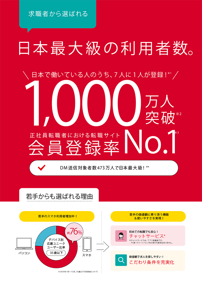 リクナビNEXT：求職者から選ばれる、日本最大級の利用者数。日本で働いている人のうち、7人に1人が登録！1,000万人突破！